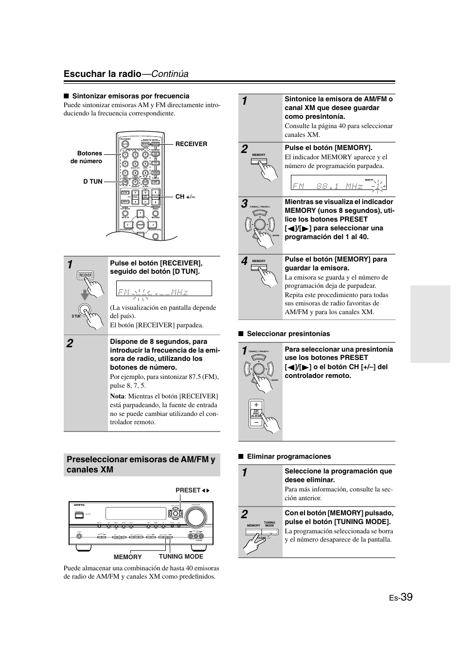 Preseleccionar emisoras de am/fm y canales xm, Preseleccionar emisoras de am/fm, Y canales xm | Y (39), Tun y ent (39, Botón ch +/– (39), Escuchar la radio —continúa, Video, Input standby/on phones tuning preset enter | Panasonic HT-S790 User Manual | Page 105 / 144