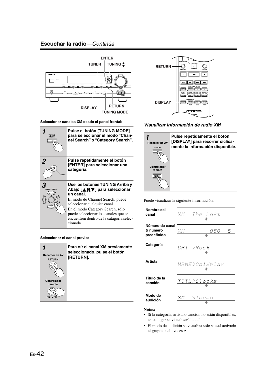 Escuchar la radio —continúa, Visualizar información de radio xm | Panasonic HT-S790 User Manual | Page 108 / 144