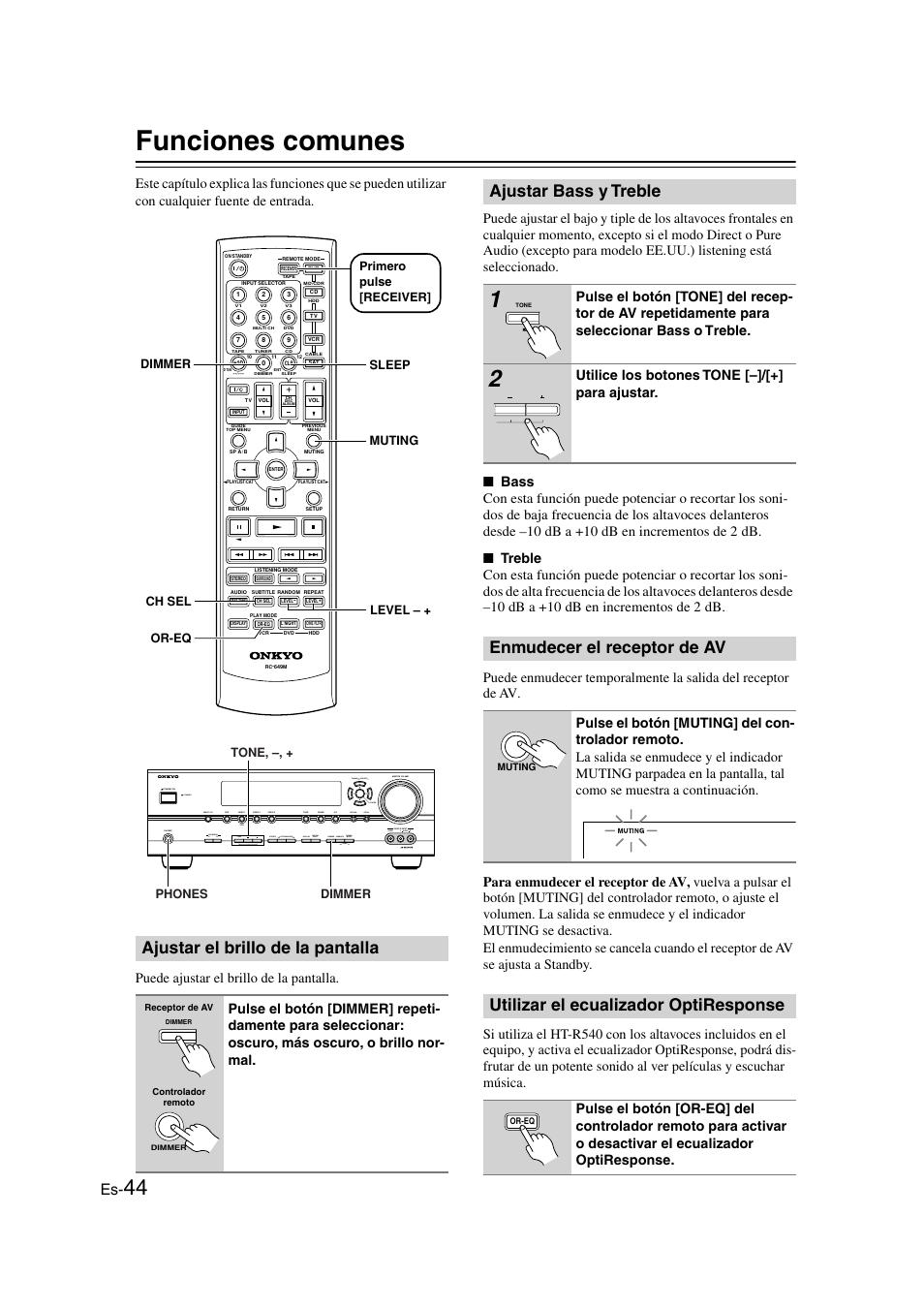 Funciones comunes, Ajustar el brillo de la pantalla, Ajustar bass y treble | Enmudecer el receptor de av, Utilizar el ecualizador optiresponse, Y [+] (44), Botón dimmer (44), Indicador muting (44), Botón or-eq (44), Botón muting (44) | Panasonic HT-S790 User Manual | Page 110 / 144