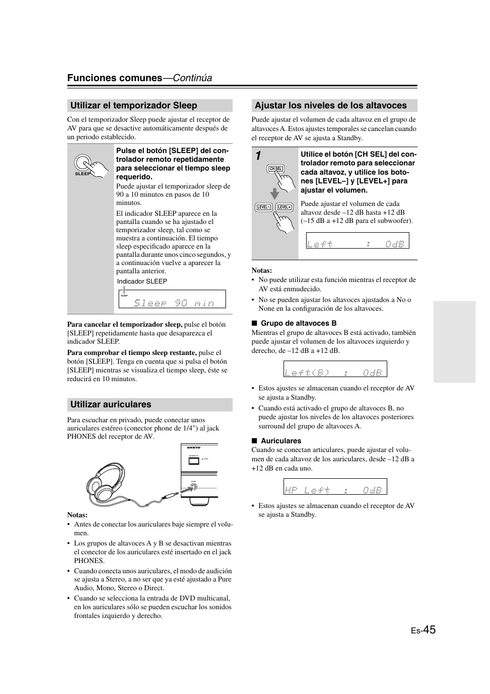 Utilizar el temporizador sleep, Utilizar auriculares, Ajustar los niveles de los altavoces | K phones (45), Indicador sleep (45), Botón sleep (45), Funciones comunes —continúa | Panasonic HT-S790 User Manual | Page 111 / 144