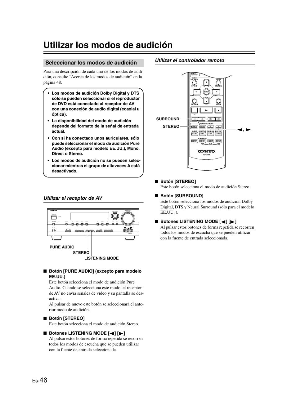 Utilizar los modos de audición, Seleccionar los modos de audición, Botón stereo (46) | Udio (46), Botones listening mode (46), Utilizar el receptor de av, Utilizar el controlador remoto, Video | Panasonic HT-S790 User Manual | Page 112 / 144