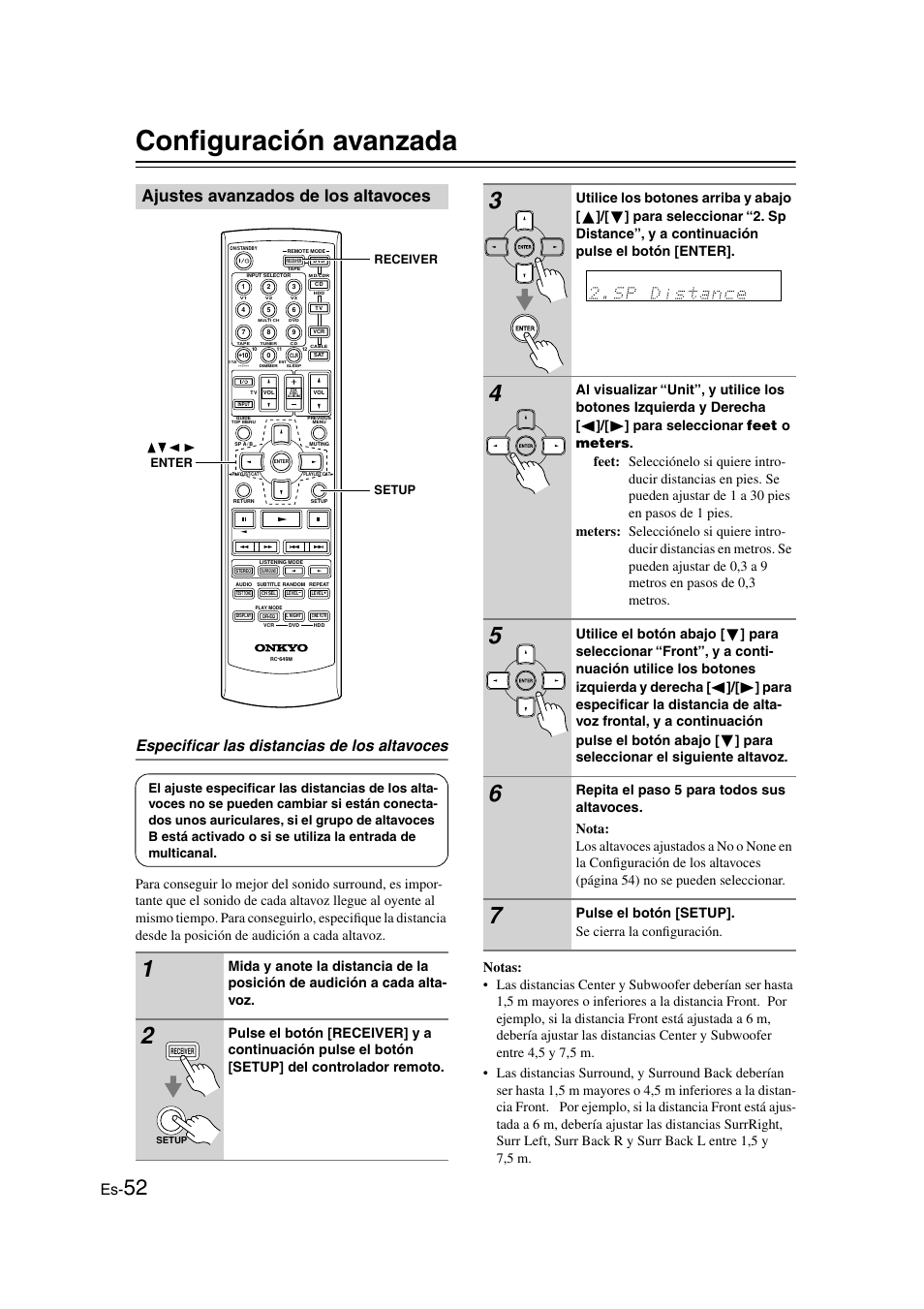Configuración avanzada, Ajustes avanzados de los altavoces, Especificar las distancias de los altavoces | Pulse el botón [setup]. se cierra la configuración | Panasonic HT-S790 User Manual | Page 118 / 144