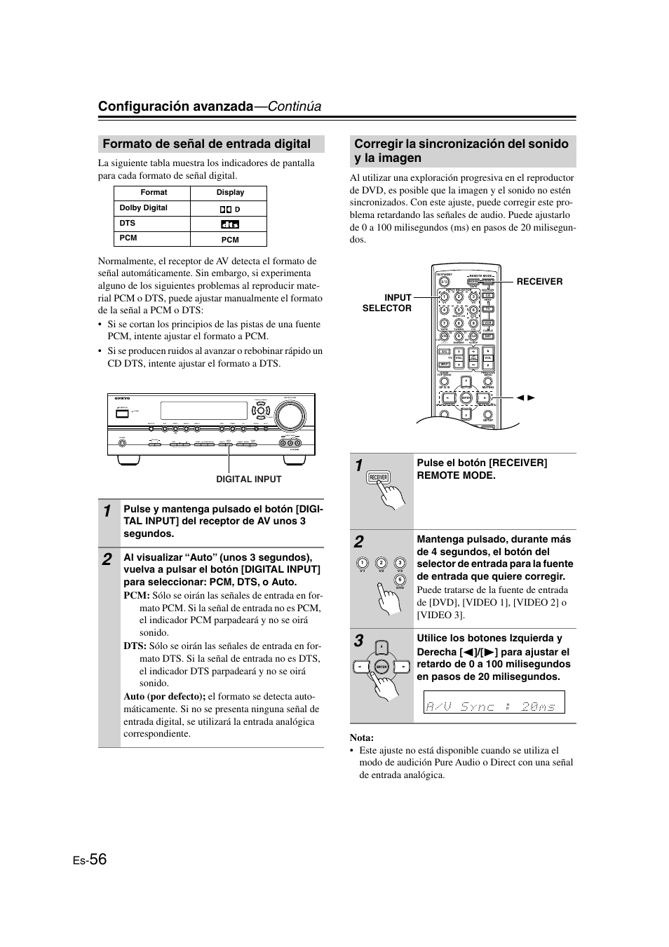 Formato de señal de entrada digital, Corregir la sincronización del sonido y la imagen, Y la imagen | Configuración avanzada —continúa, Video, Input standby/on phones tuning preset enter, Pulse el botón [receiver] remote mode | Panasonic HT-S790 User Manual | Page 122 / 144