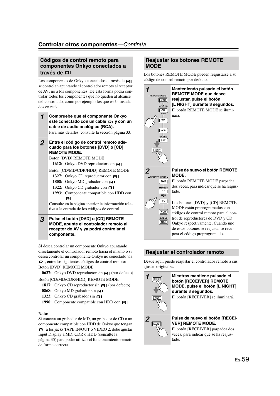 Reajustar los botones remote mode, Reajustar el controlador remoto, Códigos de control remoto para | Componentes onkyo conectados a través de, Controlar otros componentes —continúa | Panasonic HT-S790 User Manual | Page 125 / 144