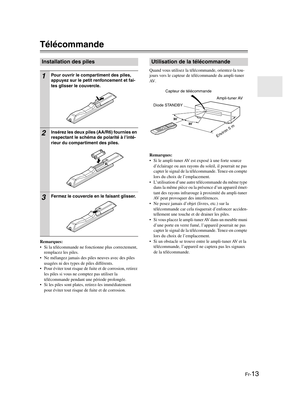 Télécommande, Installation des piles, Utilisation de la télécommande | Capteur de télécommande (13) | Panasonic HT-S790 User Manual | Page 13 / 144