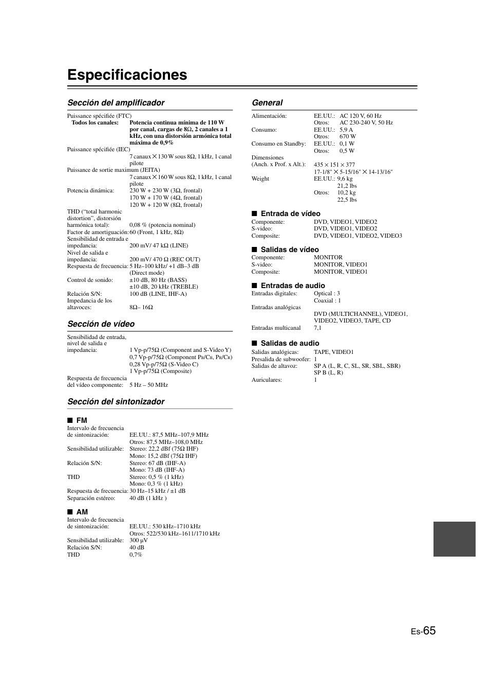 Especificaciones, General | Panasonic HT-S790 User Manual | Page 131 / 144