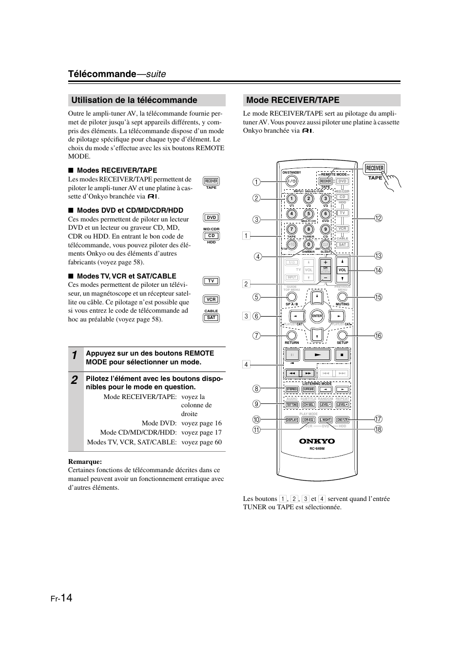 Utilisation de la télécommande, Mode receiver/tape, Télécommande —suite | M2 2 4 3 k | Panasonic HT-S790 User Manual | Page 14 / 144