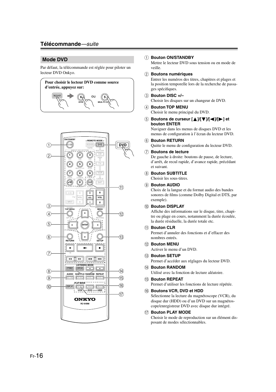 Mode dvd, Télécommande —suite, Bouton top menu choisir le menu principal du dvd | Bouton subtitle choisir les sous-titres, Bouton menu activer le menu d’un dvd | Panasonic HT-S790 User Manual | Page 16 / 144