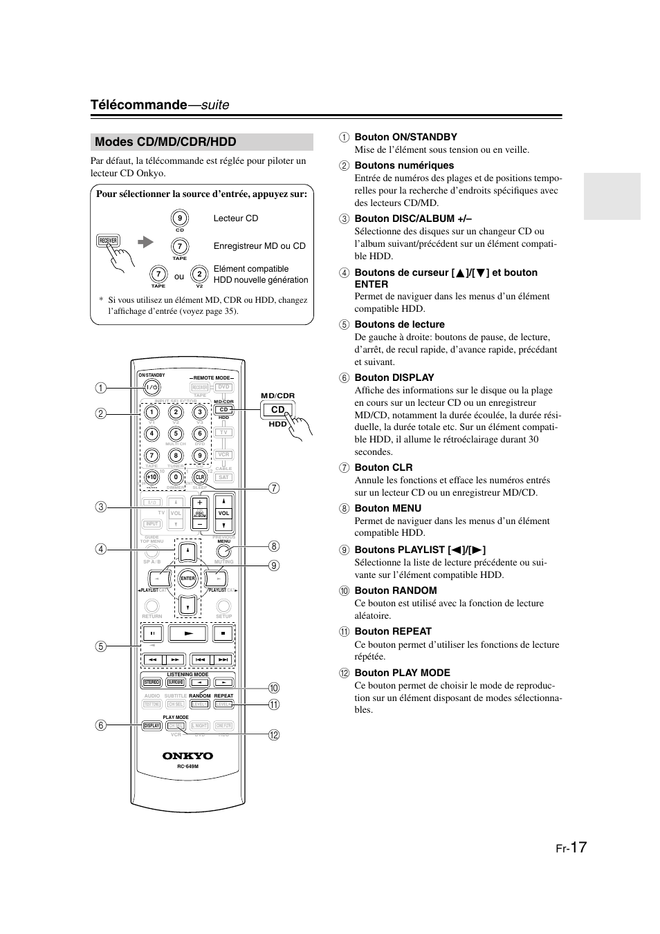 Modes cd/md/cdr/hdd, Télécommande —suite, Pour sélectionner la source d’entrée, appuyez sur | Panasonic HT-S790 User Manual | Page 17 / 144