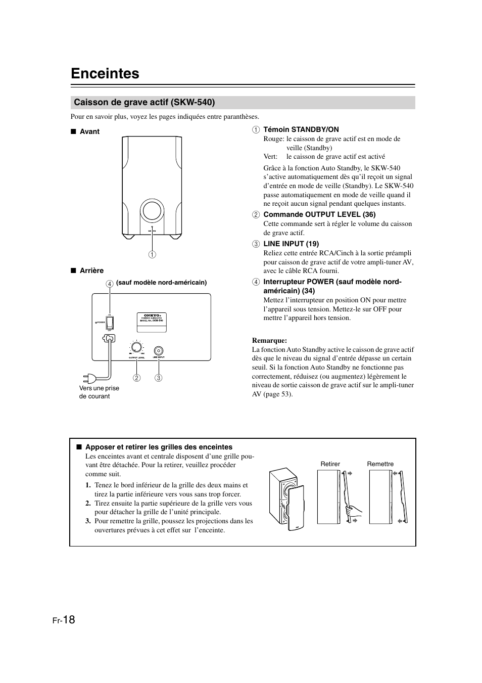 Enceintes, Caisson de grave actif (skw-540) | Panasonic HT-S790 User Manual | Page 18 / 144