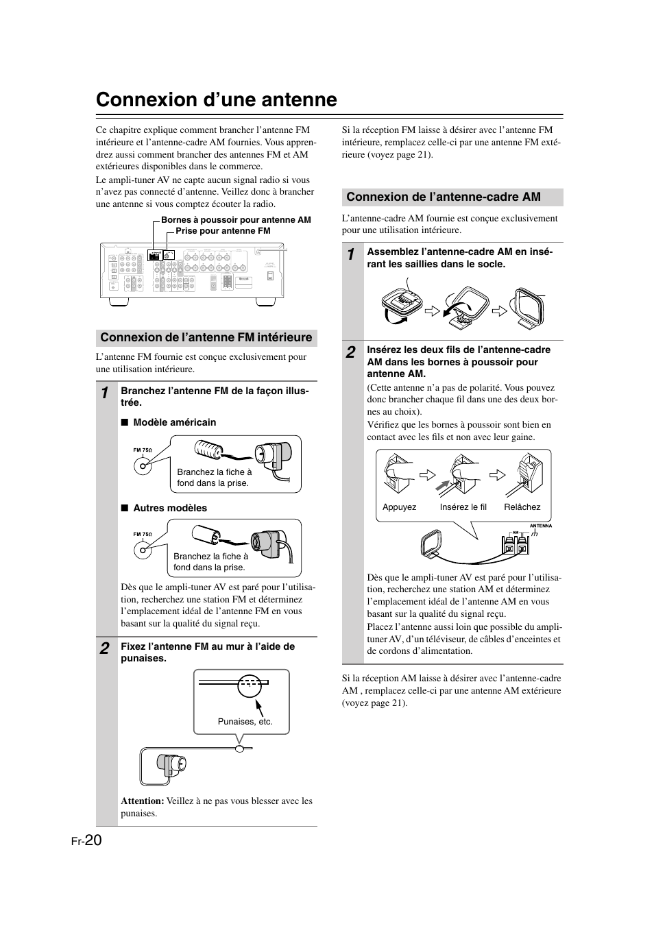 Connexion d’une antenne, Connexion de l’antenne fm intérieure, Connexion de l’antenne-cadre am | Panasonic HT-S790 User Manual | Page 20 / 144