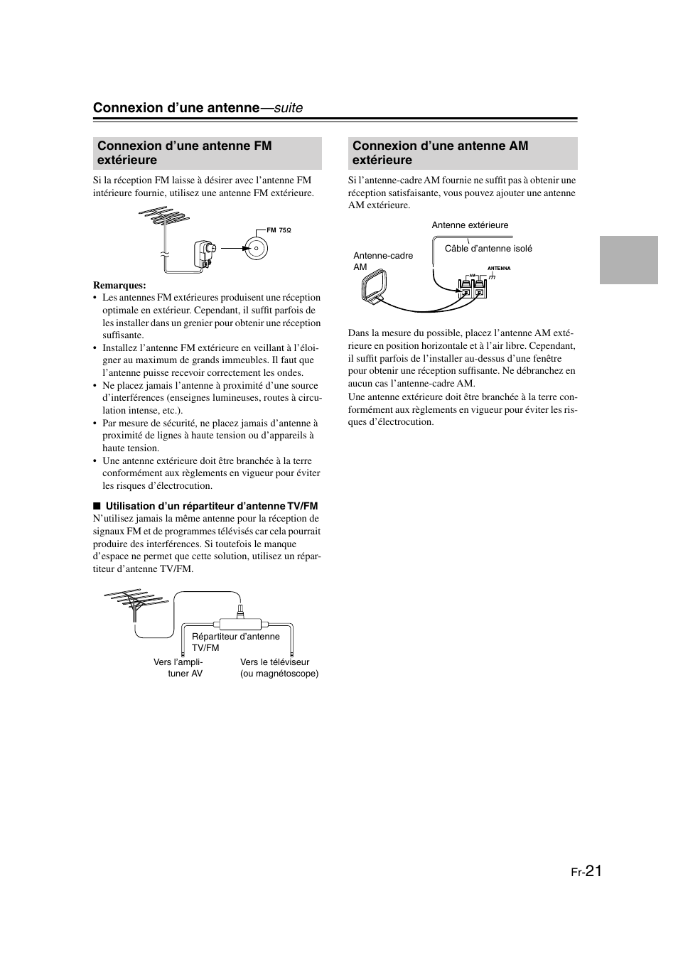 Connexion d’une antenne fm extérieure, Connexion d’une antenne am extérieure, Connexion d’une antenne —suite | Panasonic HT-S790 User Manual | Page 21 / 144
