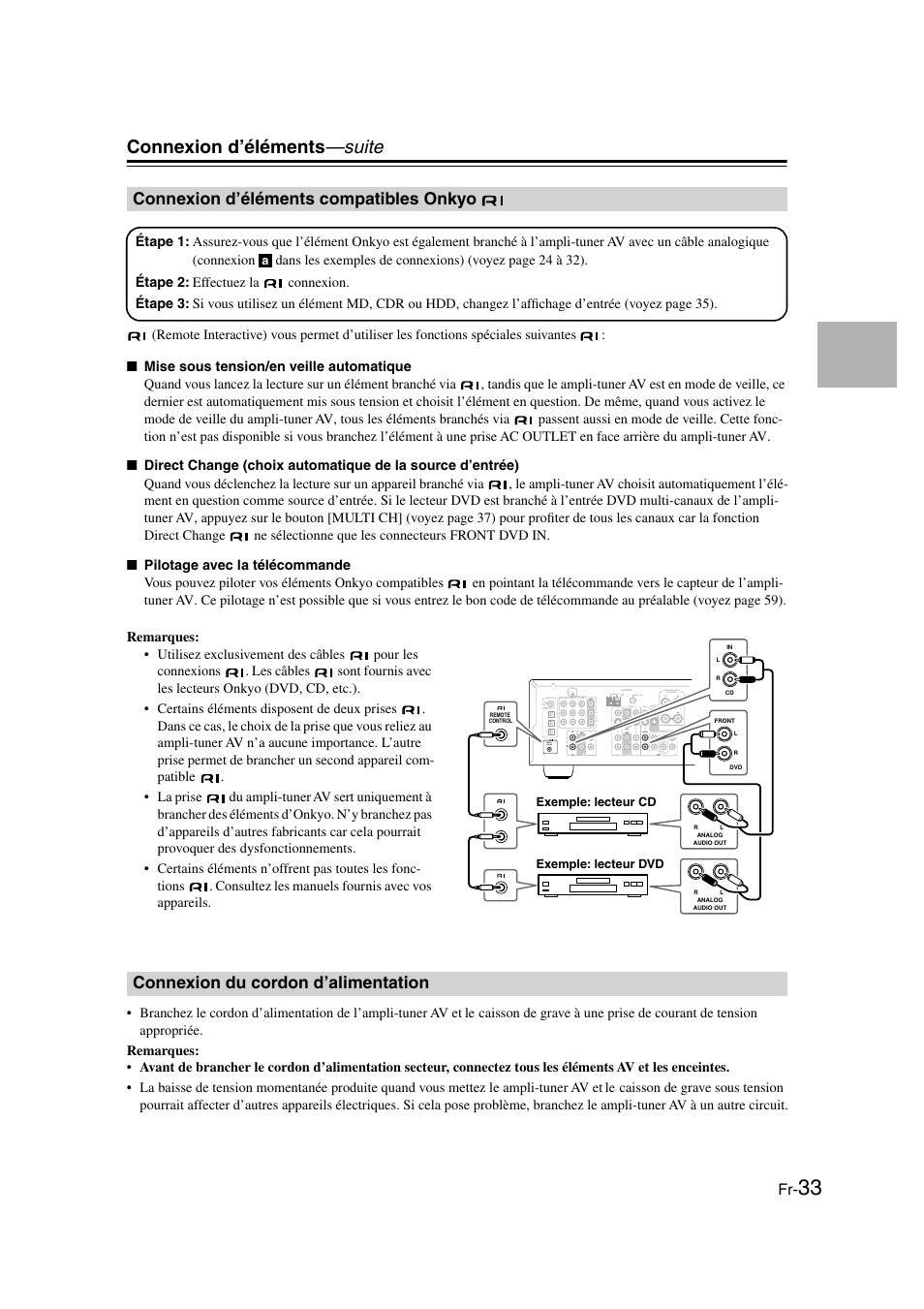 Connexion d’éléments compatibles onkyo, Connexion du cordon d’alimentation, Connexion d’éléments compatibles | Onkyo, Connexion d’éléments —suite | Panasonic HT-S790 User Manual | Page 33 / 144