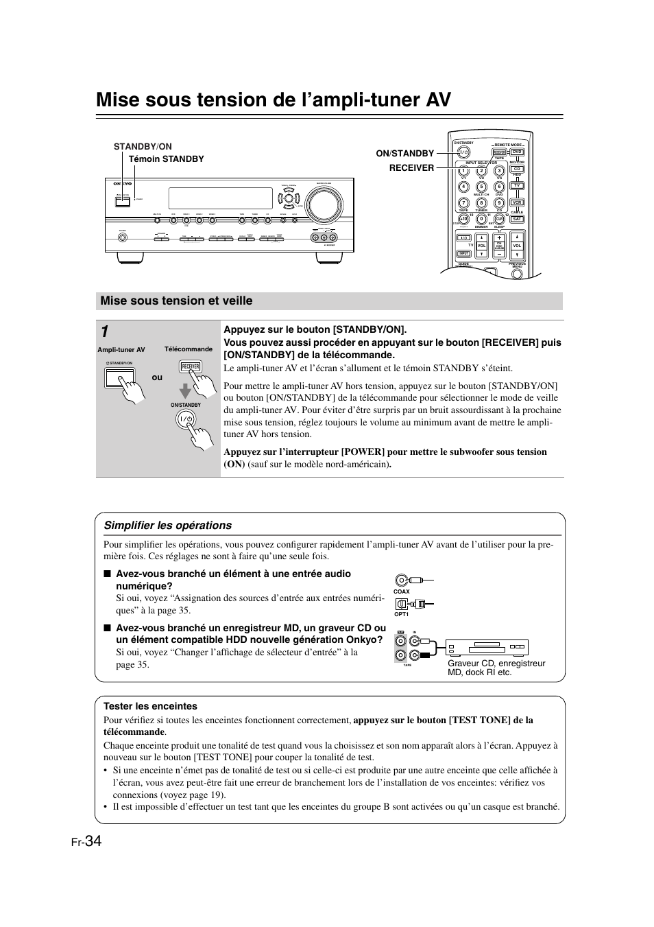 Mise sous tension de l’ampli-tuner av, Mise sous tension et veille, Andby/on (34) | Andby (34), Américain) (34), Simplifier les opérations, Clear, Standby/on, Receiver on/standby témoin standby, Graveur cd, enregistreur md, dock ri etc | Panasonic HT-S790 User Manual | Page 34 / 144