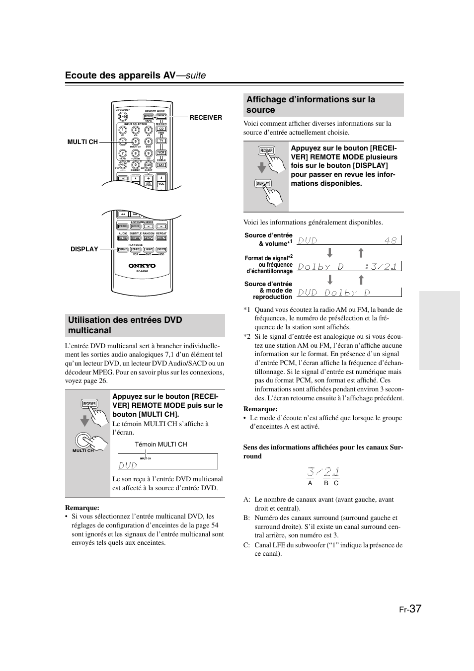 Utilisation des entrées dvd multicanal, Affichage d’informations sur la source, Y (37) | Ti ch (37), Ecoute des appareils av —suite, Display receiver multi ch, Témoin multi ch, Source d’entrée & volume, Format de signal | Panasonic HT-S790 User Manual | Page 37 / 144