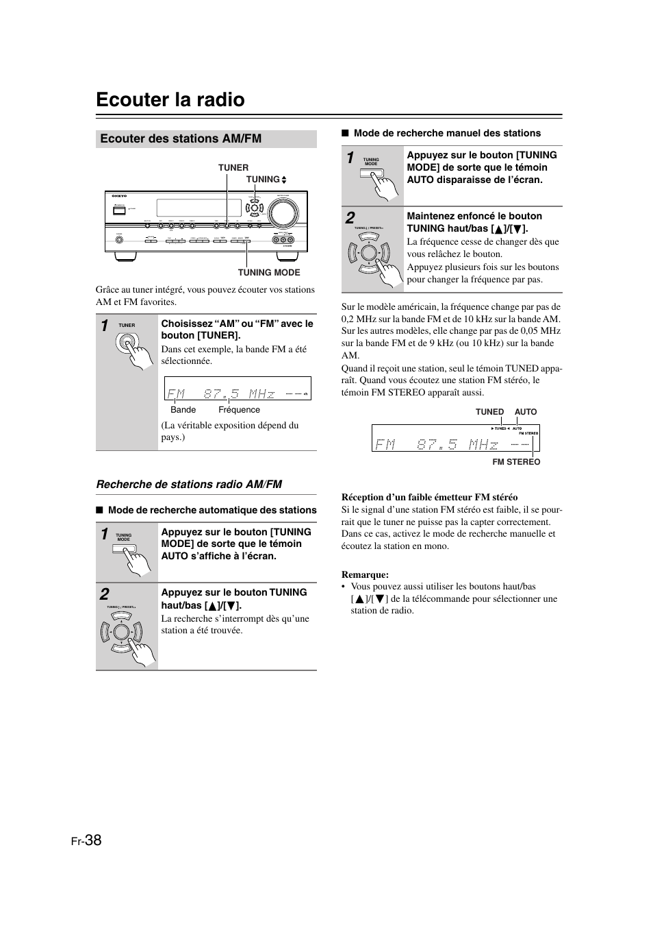 Ecouter la radio, Ecouter des stations am/fm, Tuning mode (38) | Tuned (38), Fm stereo (38) | Panasonic HT-S790 User Manual | Page 38 / 144