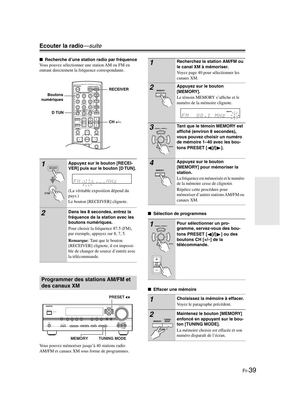 Programmer des stations am/fm et des canaux xm, Programmer des stations am/fm, Et des canaux xm | Y (39), Ent (39, Bouton ch +/– (39), Ecouter la radio —suite, Video, Input standby/on phones tuning preset enter | Panasonic HT-S790 User Manual | Page 39 / 144