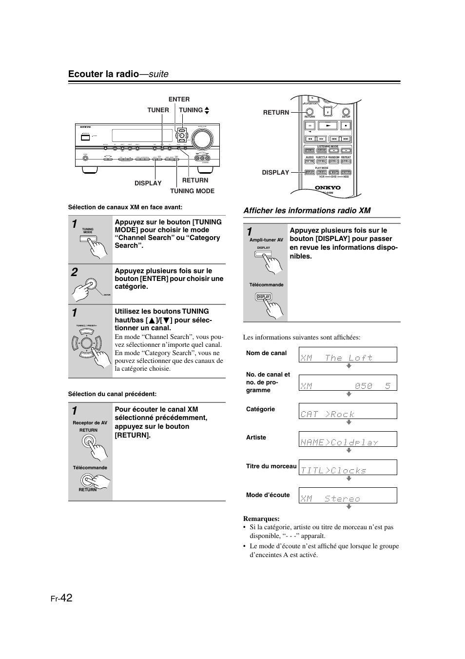 Ecouter la radio —suite, Afficher les informations radio xm | Panasonic HT-S790 User Manual | Page 42 / 144