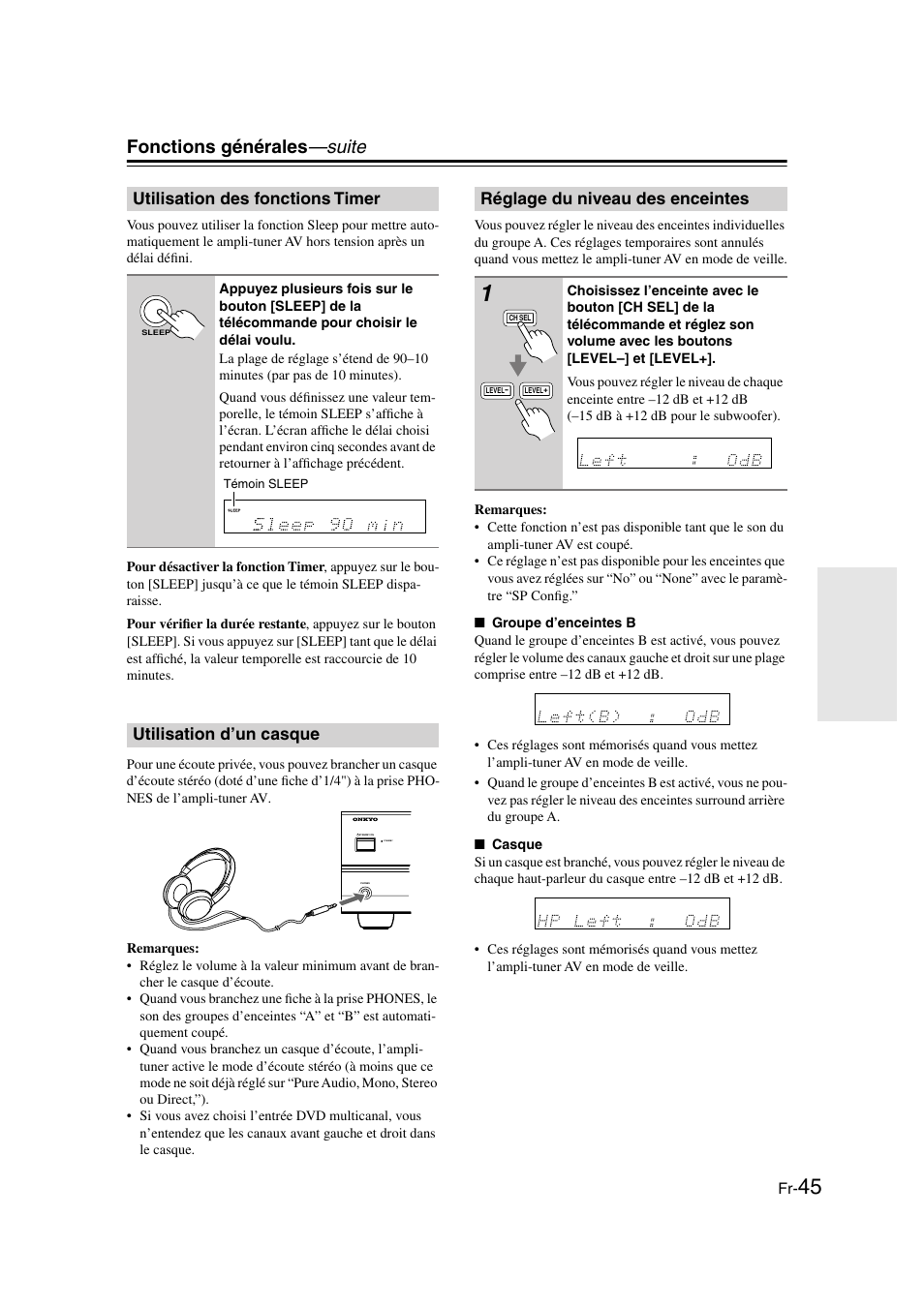 Utilisation des fonctions timer, Utilisation d’un casque, Réglage du niveau des enceintes | Prise phones (45), Témoin sleep (45), Bouton sleep (45), Fonctions générales —suite | Panasonic HT-S790 User Manual | Page 45 / 144