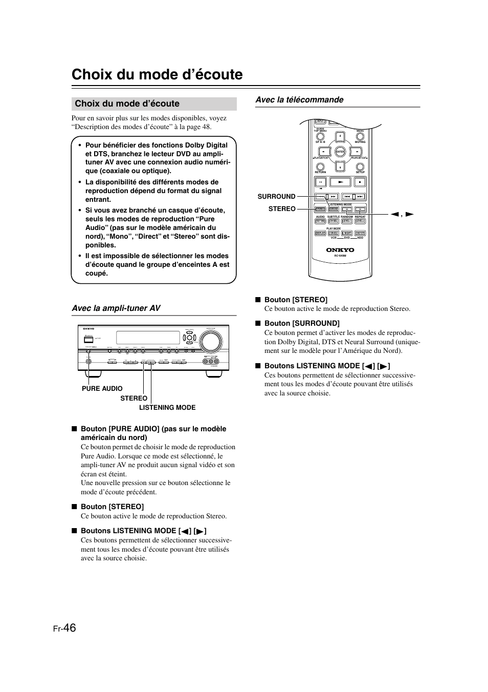 Choix du mode d’écoute, Bouton stereo (46), Udio (46) | Boutons listening mode (46), Avec la ampli-tuner av, Avec la télécommande, Video | Panasonic HT-S790 User Manual | Page 46 / 144