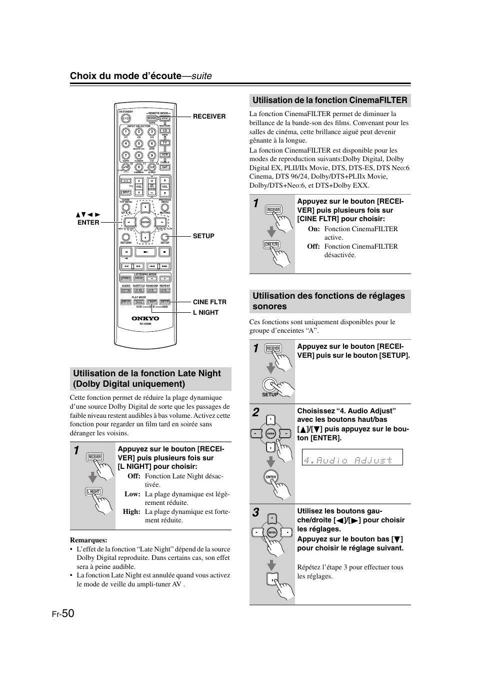 Utilisation de la fonction cinemafilter, Utilisation des fonctions de réglages sonores, De réglages sonores | Tr (50), Bouton l night (50), Choix du mode d’écoute —suite, Setup receiver l night cine fltr enter | Panasonic HT-S790 User Manual | Page 50 / 144