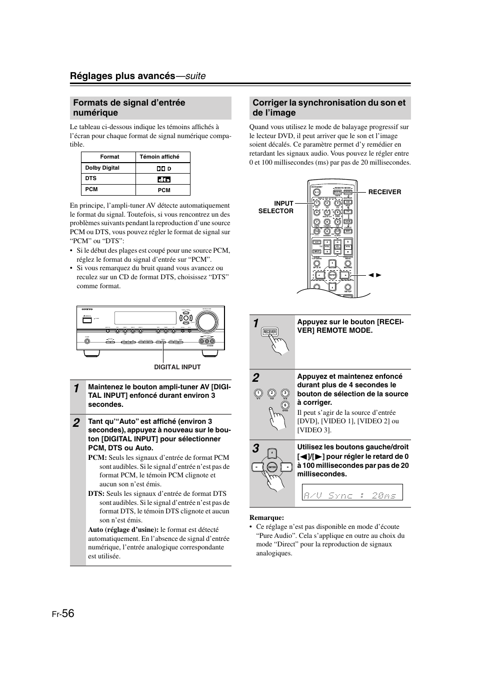Formats de signal d’entrée numérique, Corriger la synchronisation du son et de l’image, Et de l’image | Réglages plus avancés —suite, Video, Input standby/on phones tuning preset enter, Appuyez sur le bouton [recei- ver] remote mode | Panasonic HT-S790 User Manual | Page 56 / 144