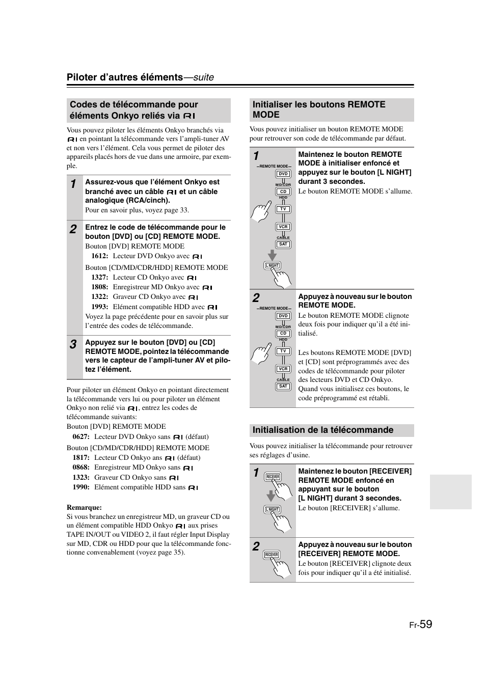 Initialiser les boutons remote mode, Initialisation de la télécommande, Codes de télécommande pour éléments | Onkyo reliés via, Piloter d’autres éléments —suite | Panasonic HT-S790 User Manual | Page 59 / 144