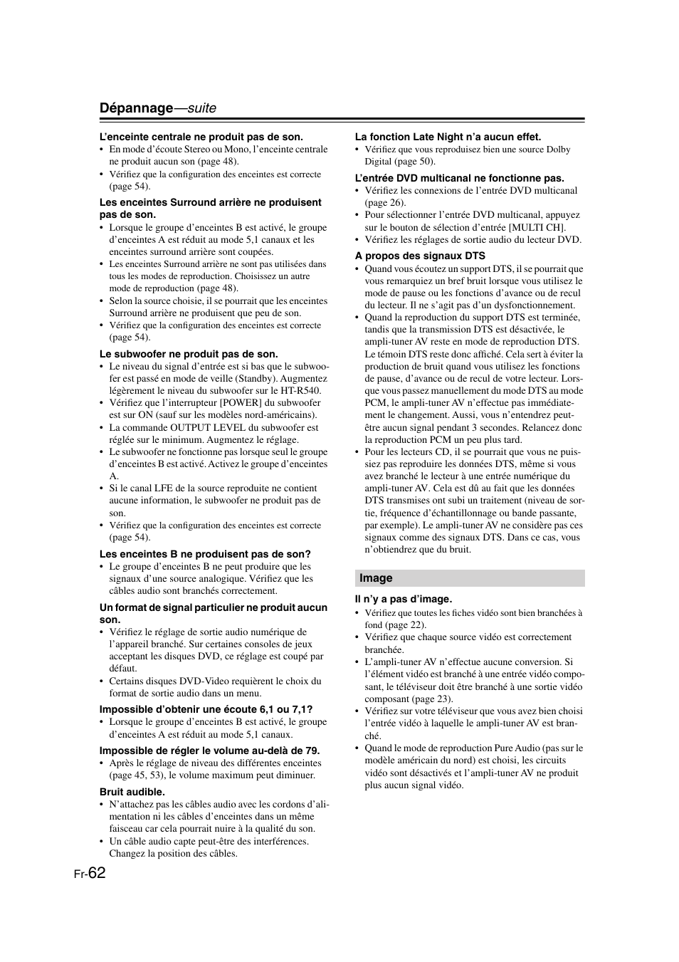 Dépannage —suite | Panasonic HT-S790 User Manual | Page 62 / 144