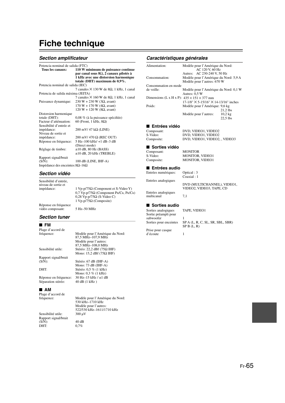 Fiche technique, Caractéristiques générales | Panasonic HT-S790 User Manual | Page 65 / 144