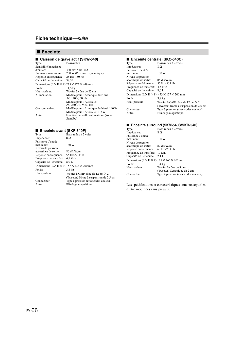 Fiche technique —suite, Enceinte | Panasonic HT-S790 User Manual | Page 66 / 144