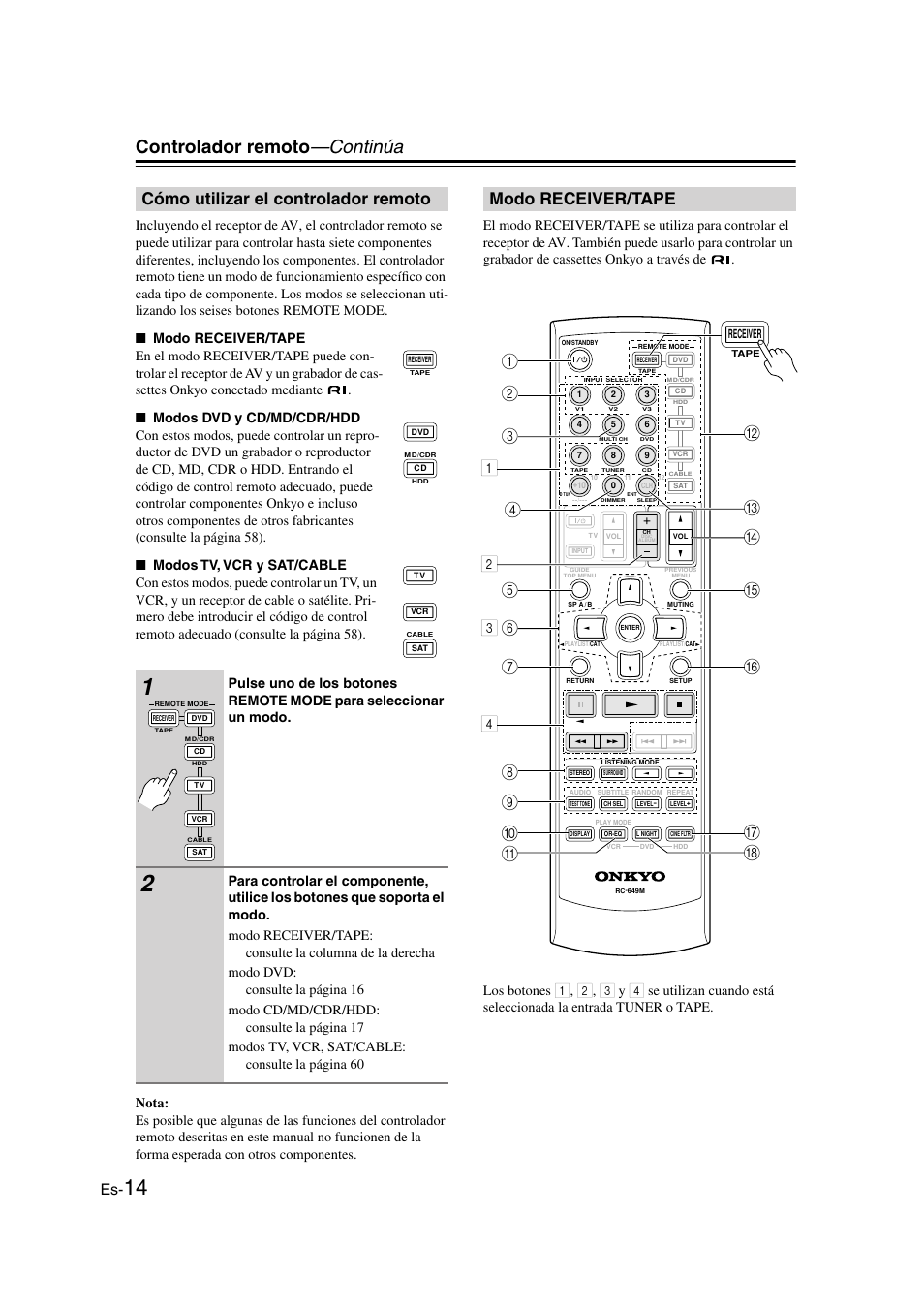 Cómo utilizar el controlador remoto, Modo receiver/tape, Controlador remoto —continúa | M2 2 4 3 k | Panasonic HT-S790 User Manual | Page 80 / 144