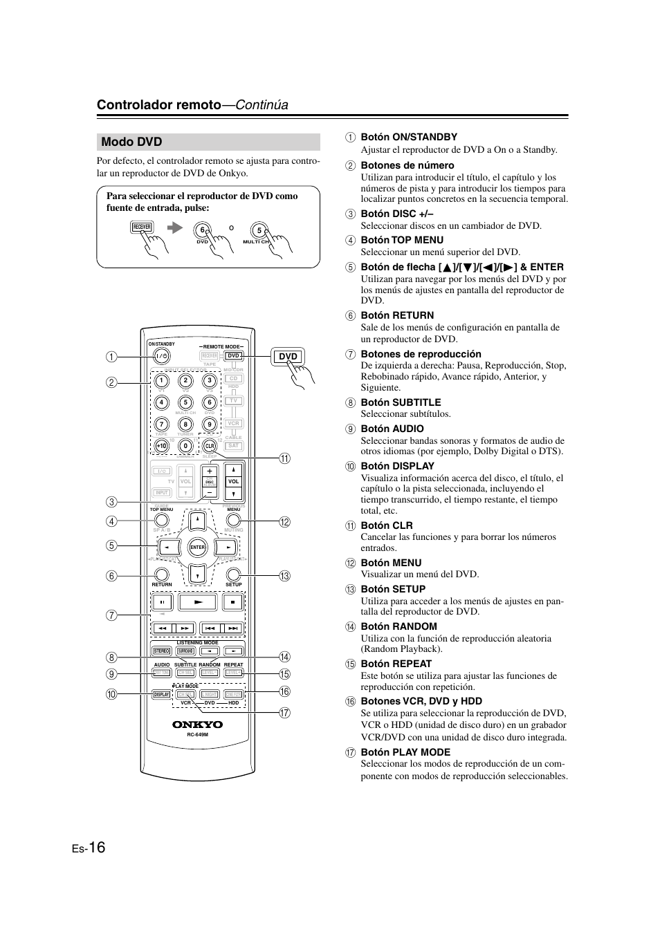 Modo dvd, Controlador remoto —continúa, Botón subtitle seleccionar subtítulos | Botón menu visualizar un menú del dvd | Panasonic HT-S790 User Manual | Page 82 / 144