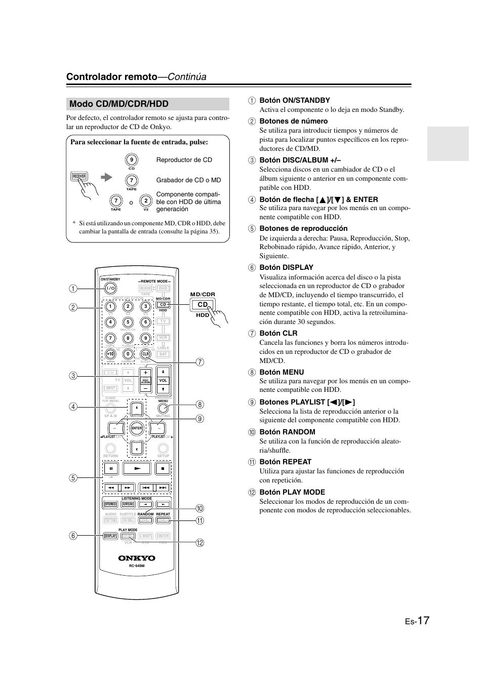 Modo cd/md/cdr/hdd, Controlador remoto —continúa, Para seleccionar la fuente de entrada, pulse | Panasonic HT-S790 User Manual | Page 83 / 144
