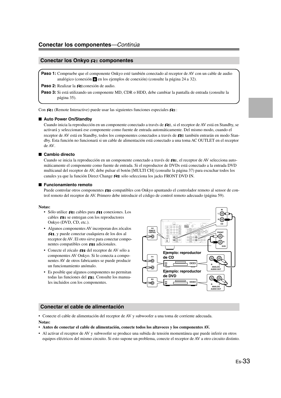 Conectar los onkyo componentes, Conectar el cable de alimentación, Conectar los onkyo | Componentes, Conectar los componentes —continúa | Panasonic HT-S790 User Manual | Page 99 / 144