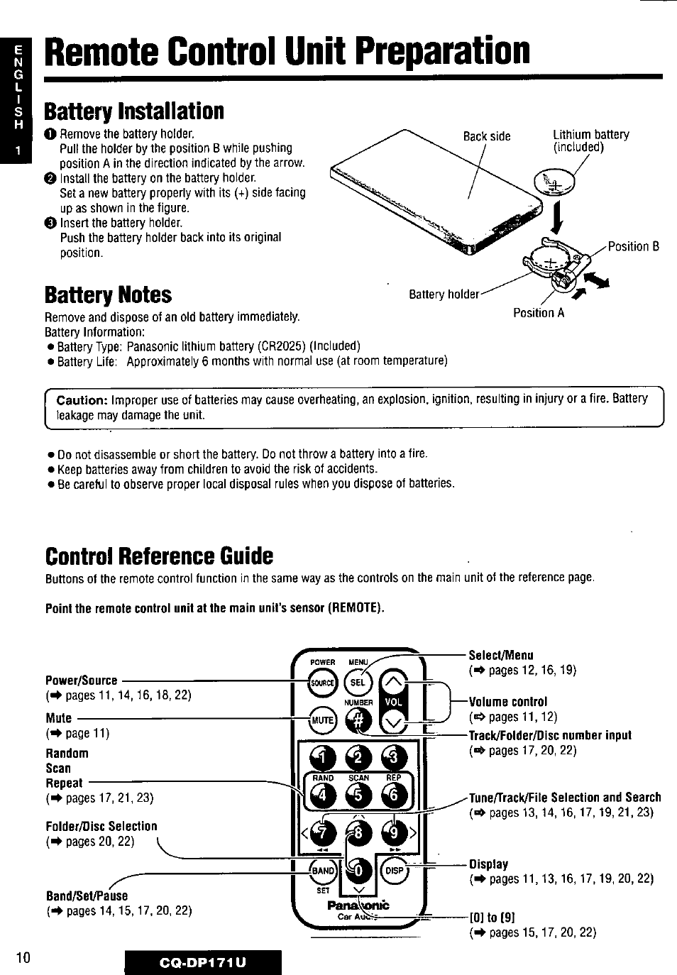 Battery installation, Battery notes, Control reference guide | Remote control unit preparation | Panasonic CQ-DP171U User Manual | Page 10 / 109