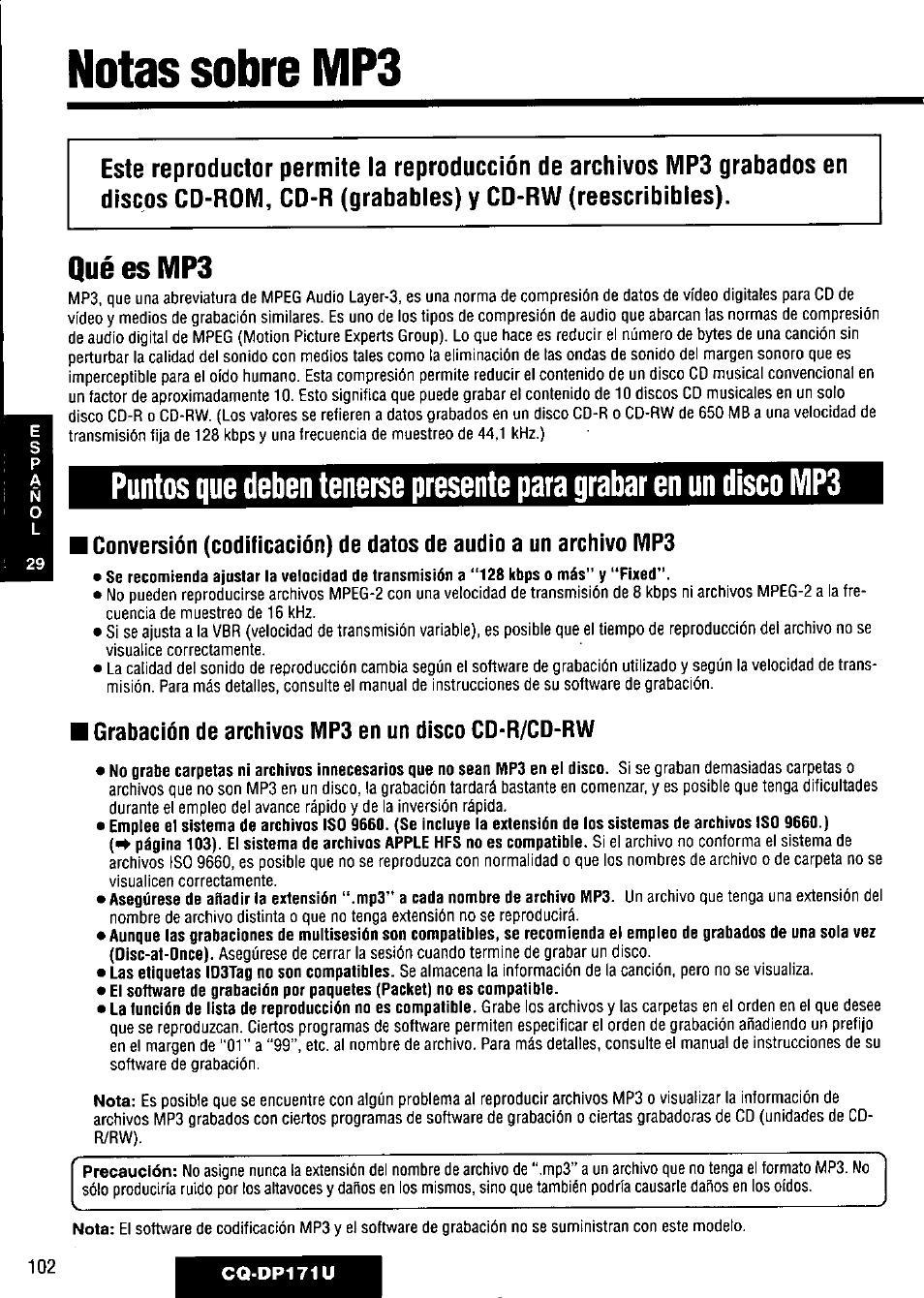 Qué es mp3, Notas sobre mp3, Las etiquetas idstag no son compatibles | Panasonic CQ-DP171U User Manual | Page 102 / 109