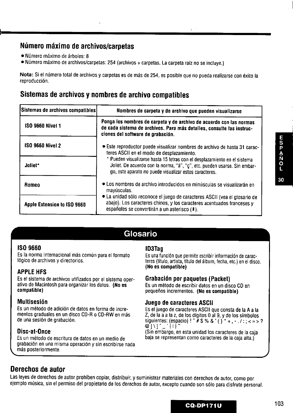 Glosario, Iso 9660, Apple hfs | Multisesión, Oisc-at-once, Idstag, Grabación por paquetes (packet), Juego de caracteres ascii, Número máximo de archivos/carpetas, Nota | Panasonic CQ-DP171U User Manual | Page 103 / 109