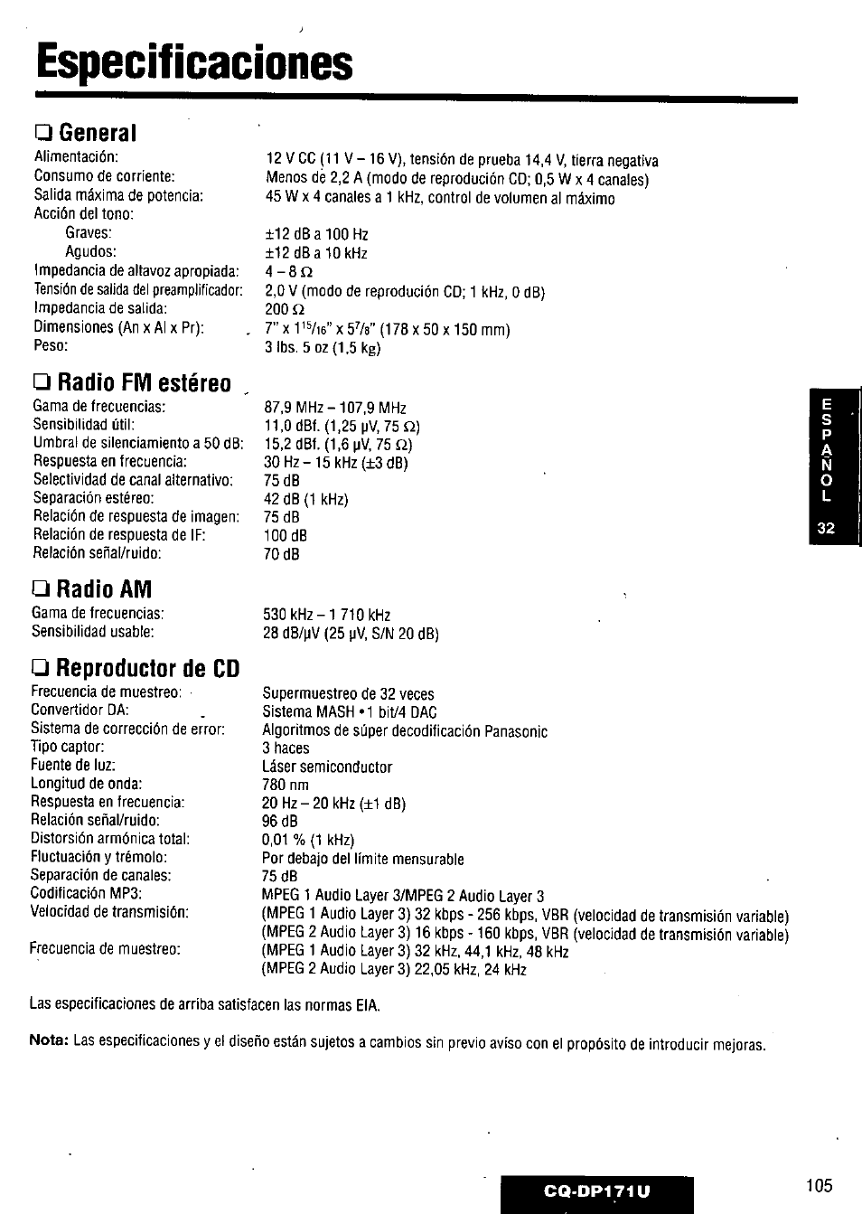 Especificaciones, General, Radío fm estéreo | Radio am, Reproductor de cd | Panasonic CQ-DP171U User Manual | Page 105 / 109
