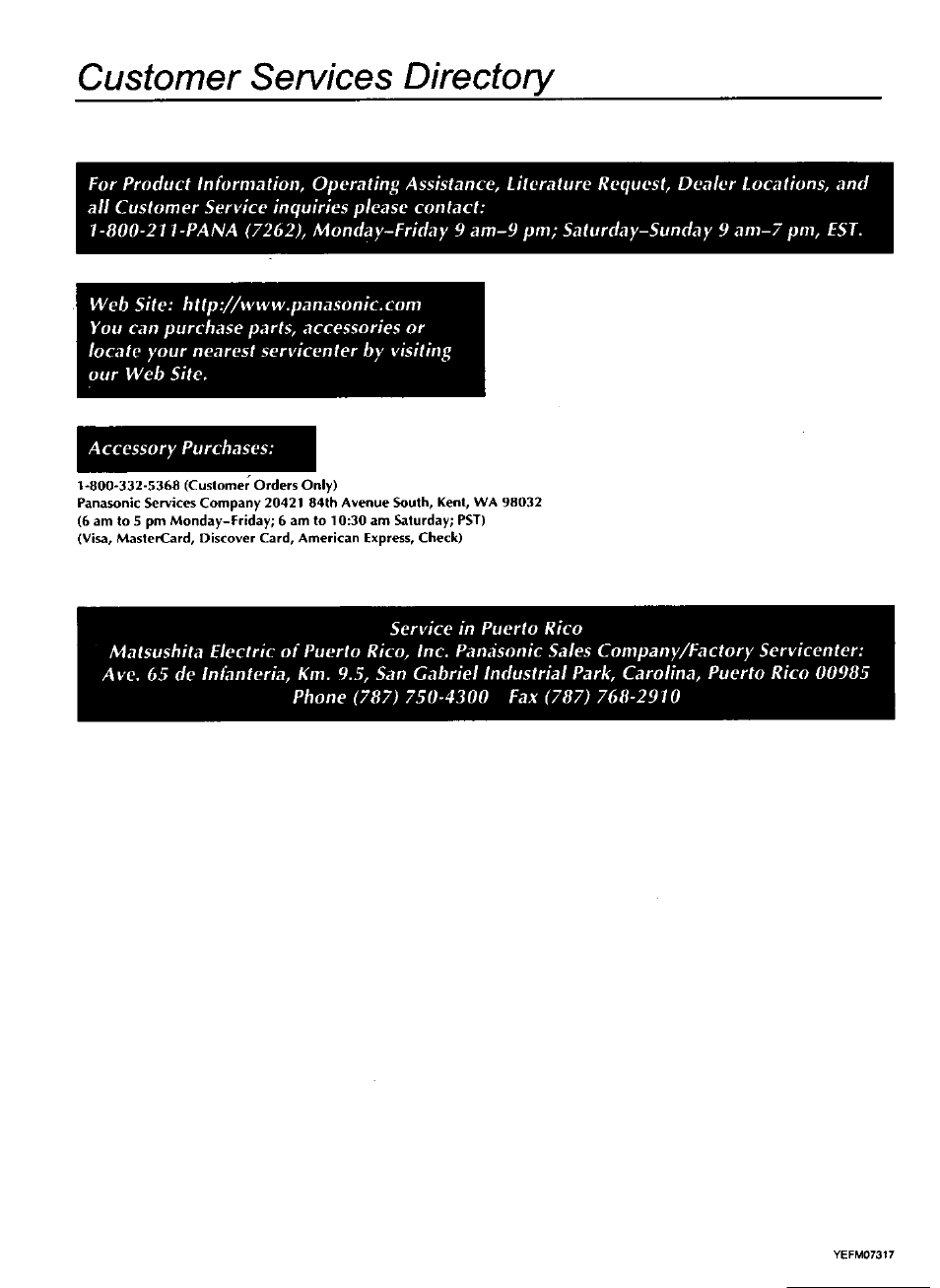 Customer services directory | Panasonic CQ-DP171U User Manual | Page 109 / 109