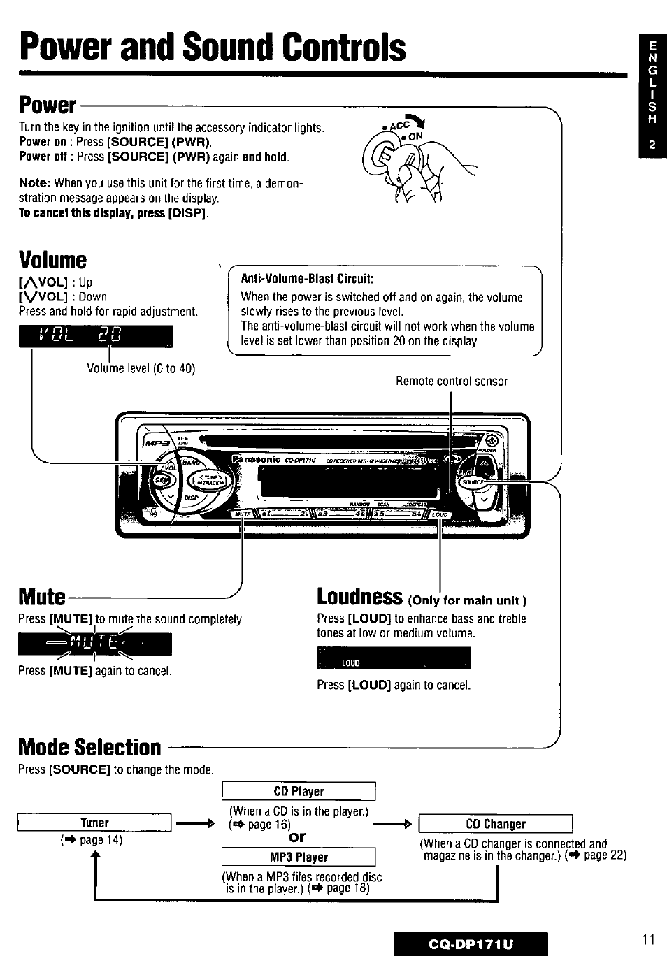 Power, Volume, Anti-volume-blast circuit | Mute, Mode selection, Cd player, Tuner, Cd changer, Power and sound controls, Loudness | Panasonic CQ-DP171U User Manual | Page 11 / 109