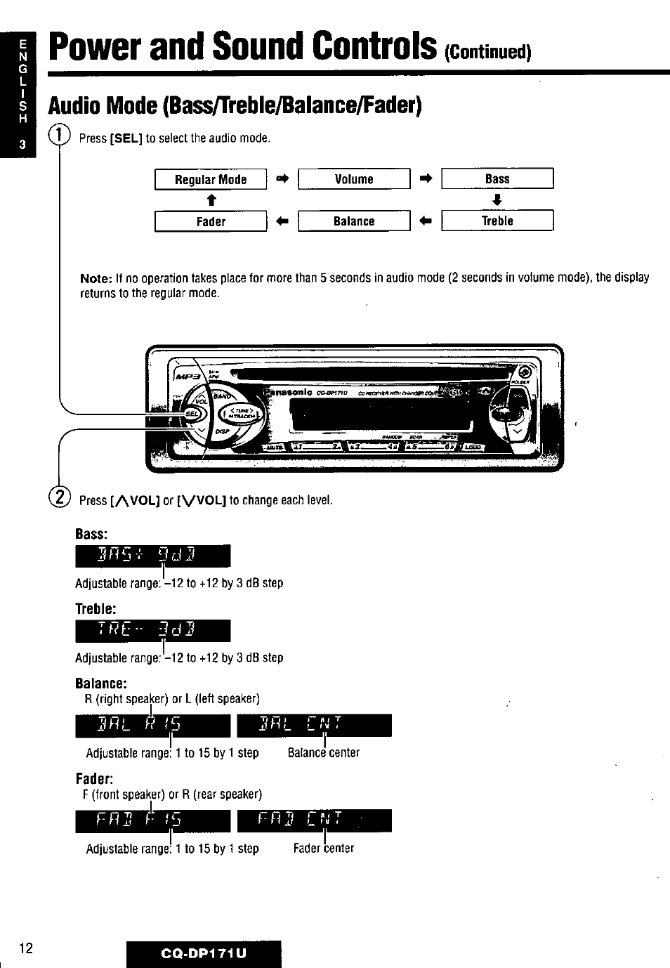 Audio mode (bass/treble/balance/fader), Power and sound controls | Panasonic CQ-DP171U User Manual | Page 12 / 109