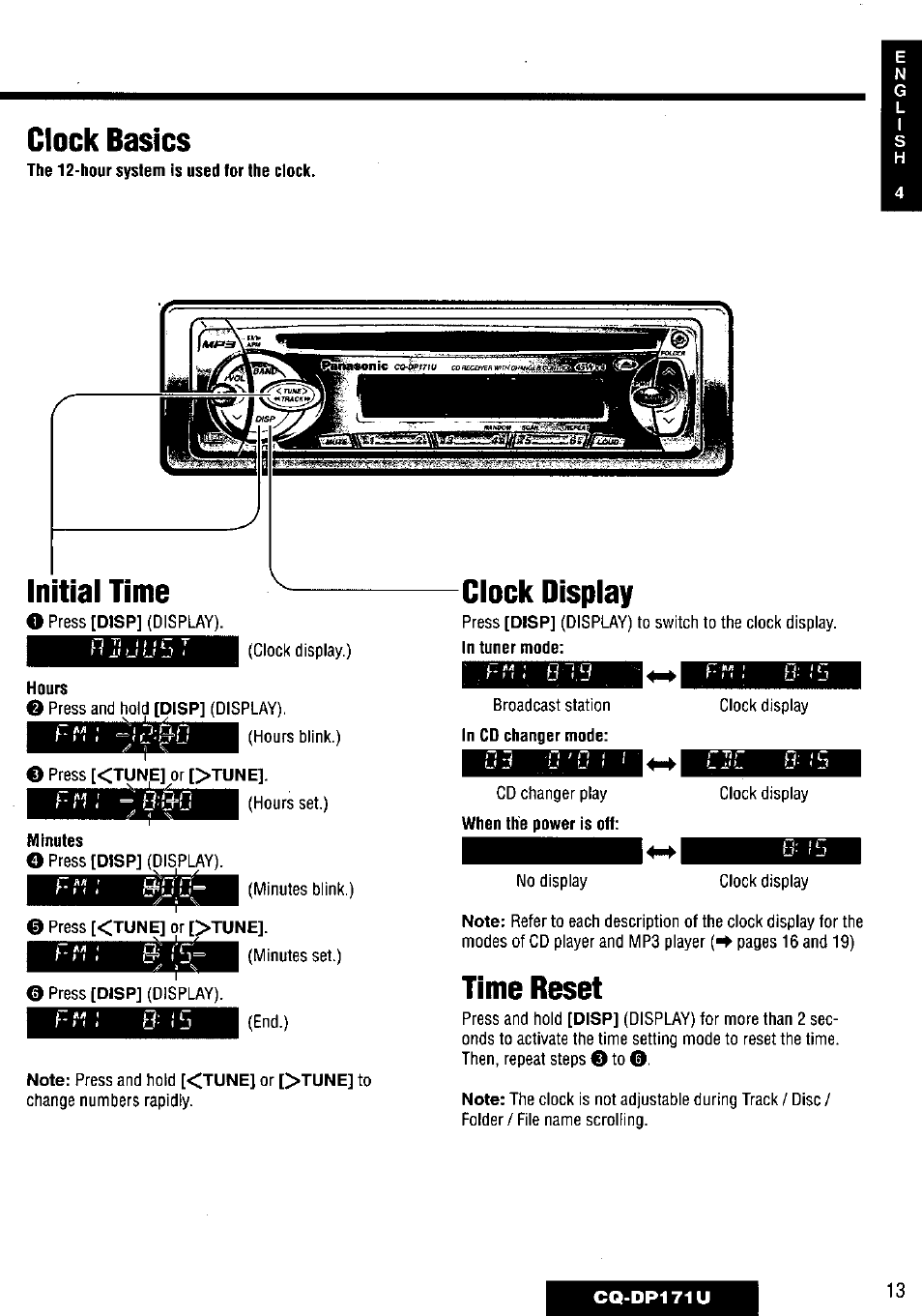 Clock basics, Clock display, Time reset | Initial time | Panasonic CQ-DP171U User Manual | Page 13 / 109