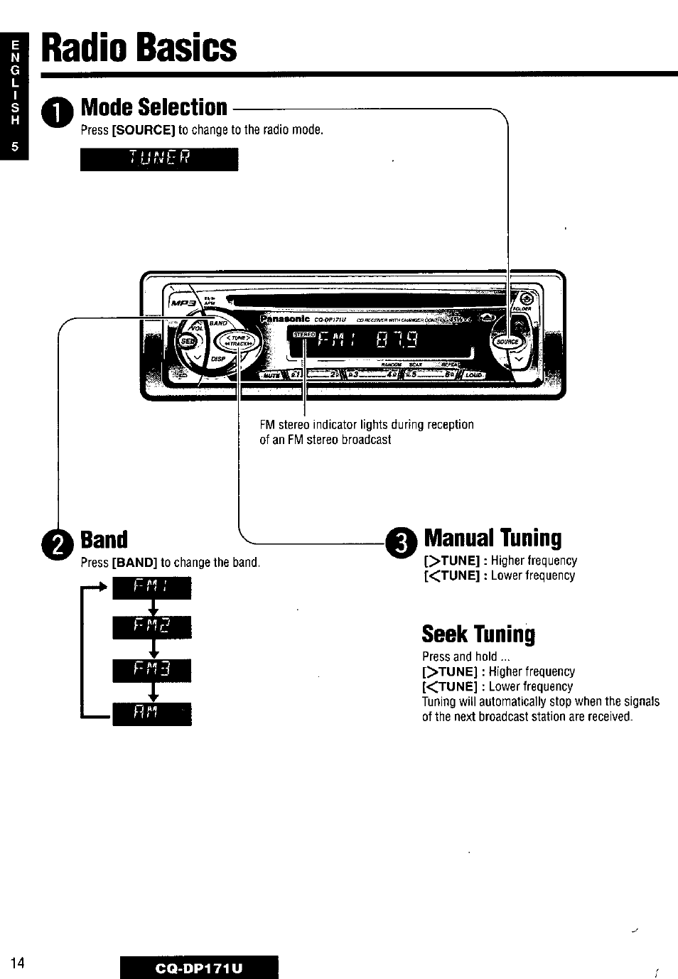A mode selection, Band, A manual tuning | Radio basics, Seek tuning | Panasonic CQ-DP171U User Manual | Page 14 / 109