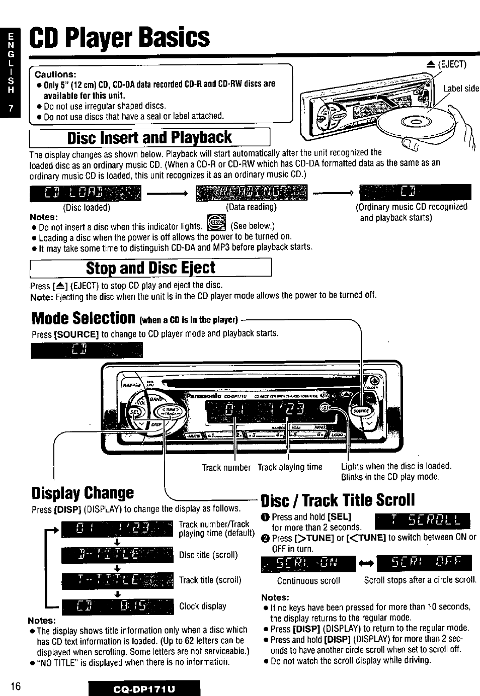 Disc insert and playback, Stop and disc eject, Display change | Disc / track title scroll, Cd player basics, Mode selection | Panasonic CQ-DP171U User Manual | Page 16 / 109