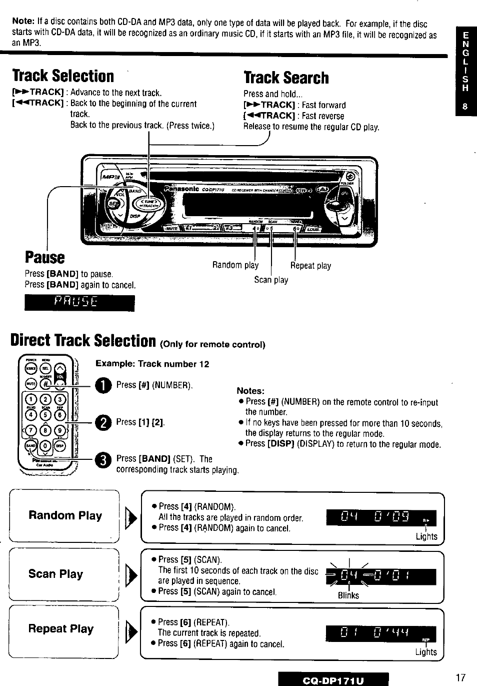 Track selection, Track search, Pause | Direct track seiection, Scan play, Repeat play | Panasonic CQ-DP171U User Manual | Page 17 / 109