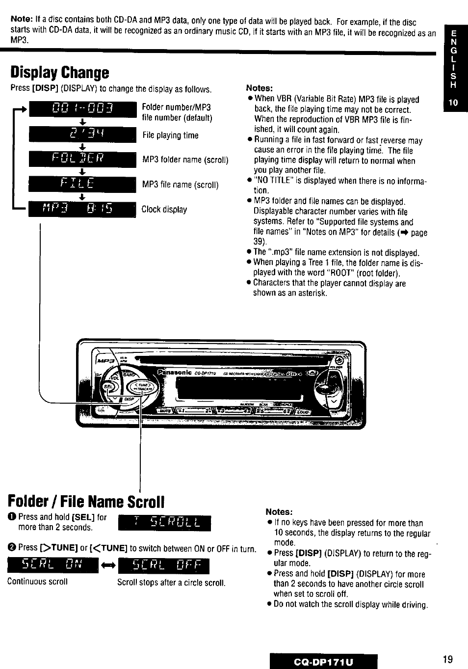 Folder / file name scroll, Display change, Scf?l | Panasonic CQ-DP171U User Manual | Page 19 / 109