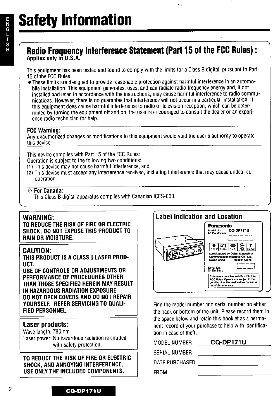 Fcc warning, For canada, This product is a class i laser product | Safety information | Panasonic CQ-DP171U User Manual | Page 2 / 109