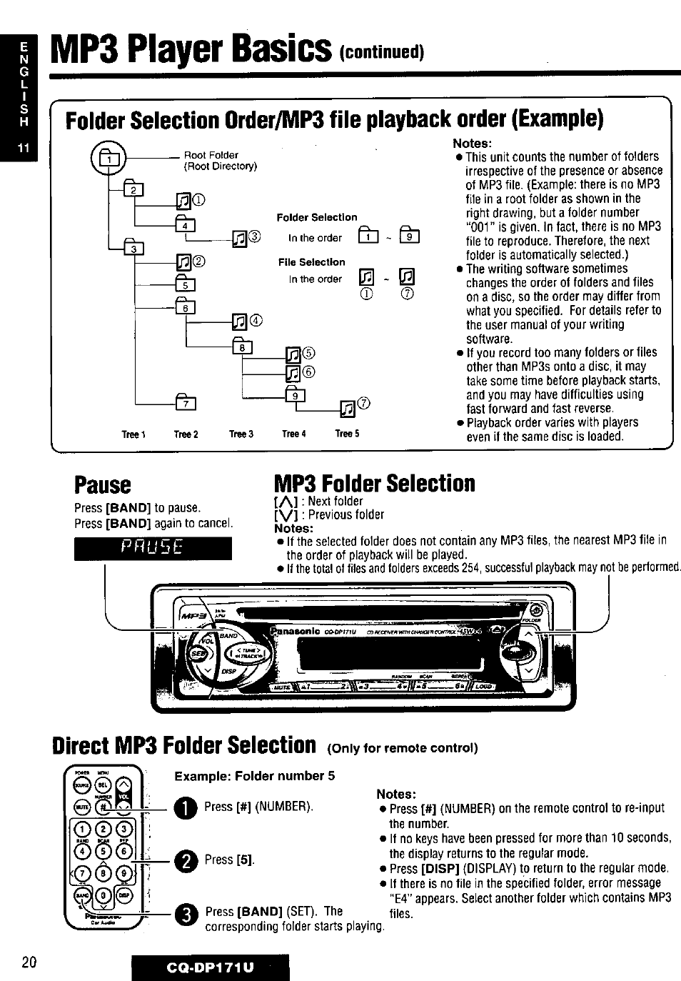 Mp3 folder selection, Direct mp3 folder selection, Mp3 player basics | Pause, Continued) | Panasonic CQ-DP171U User Manual | Page 20 / 109