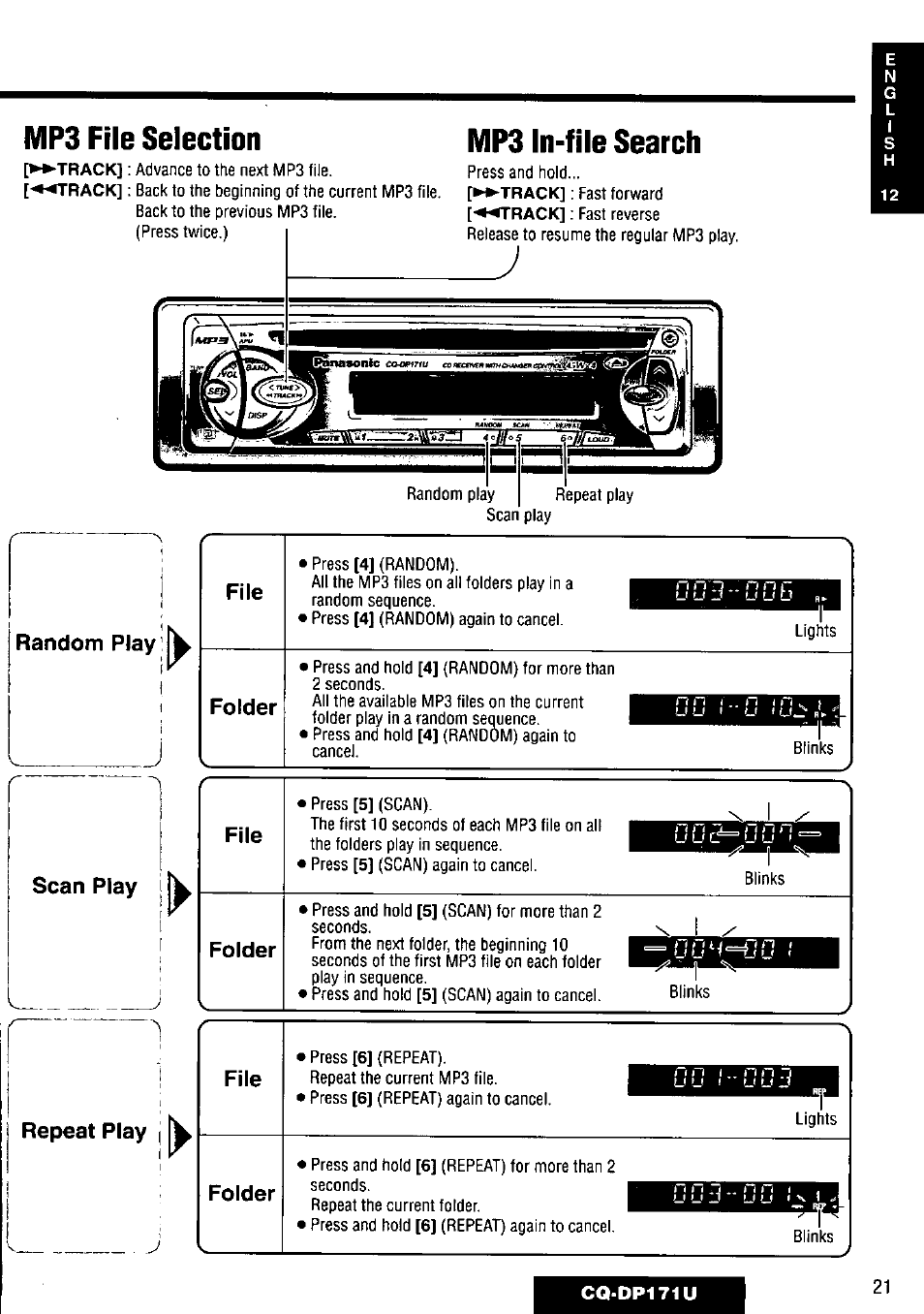Mp3 file selection, Mp3 in-file search, Random play | File folder scan play, File folder repeat play 1, File folder | Panasonic CQ-DP171U User Manual | Page 21 / 109