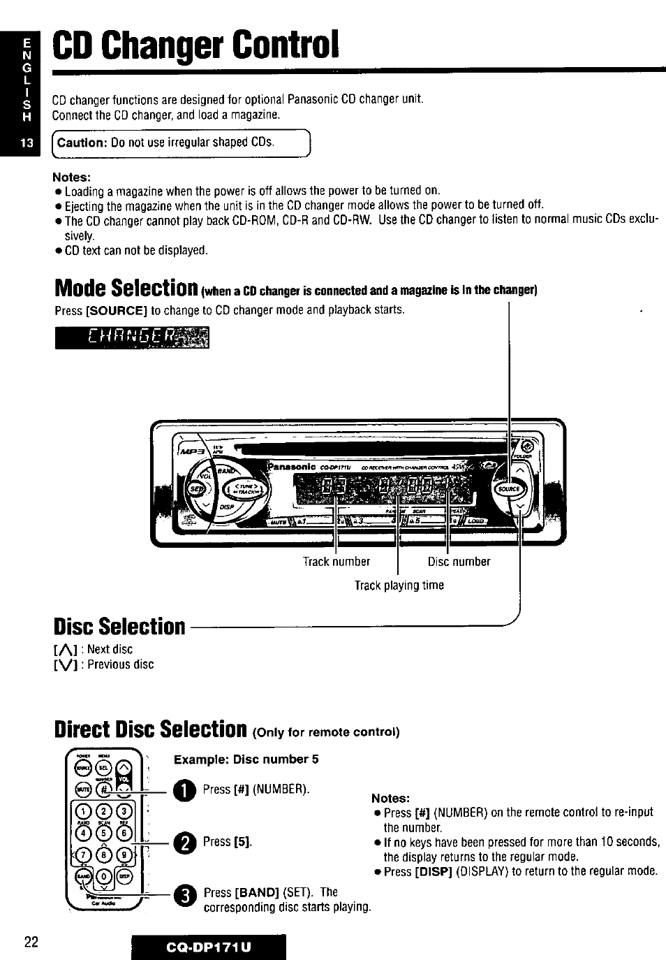 Notes, Disc selection, Example: disc number 5 | Cd changer control, Mode selection, Direct disc selection | Panasonic CQ-DP171U User Manual | Page 22 / 109